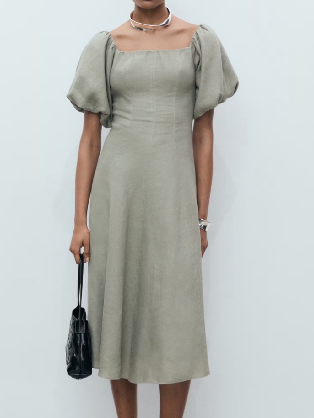 100%Linen Mango Sage Green Puff-Sleeve Square Neck Midi Dress